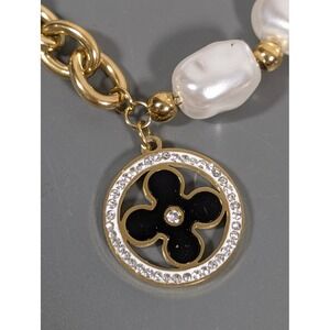 Gold Faux Pearl Chain Bracelet Toggle Coin Charm Layering Bracelet 8in